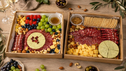 Two charcuterie platter boxes with cured meats, cheese, crackers, nuts, and fruit, packed for The Cheese Board's charcuterie board delivery