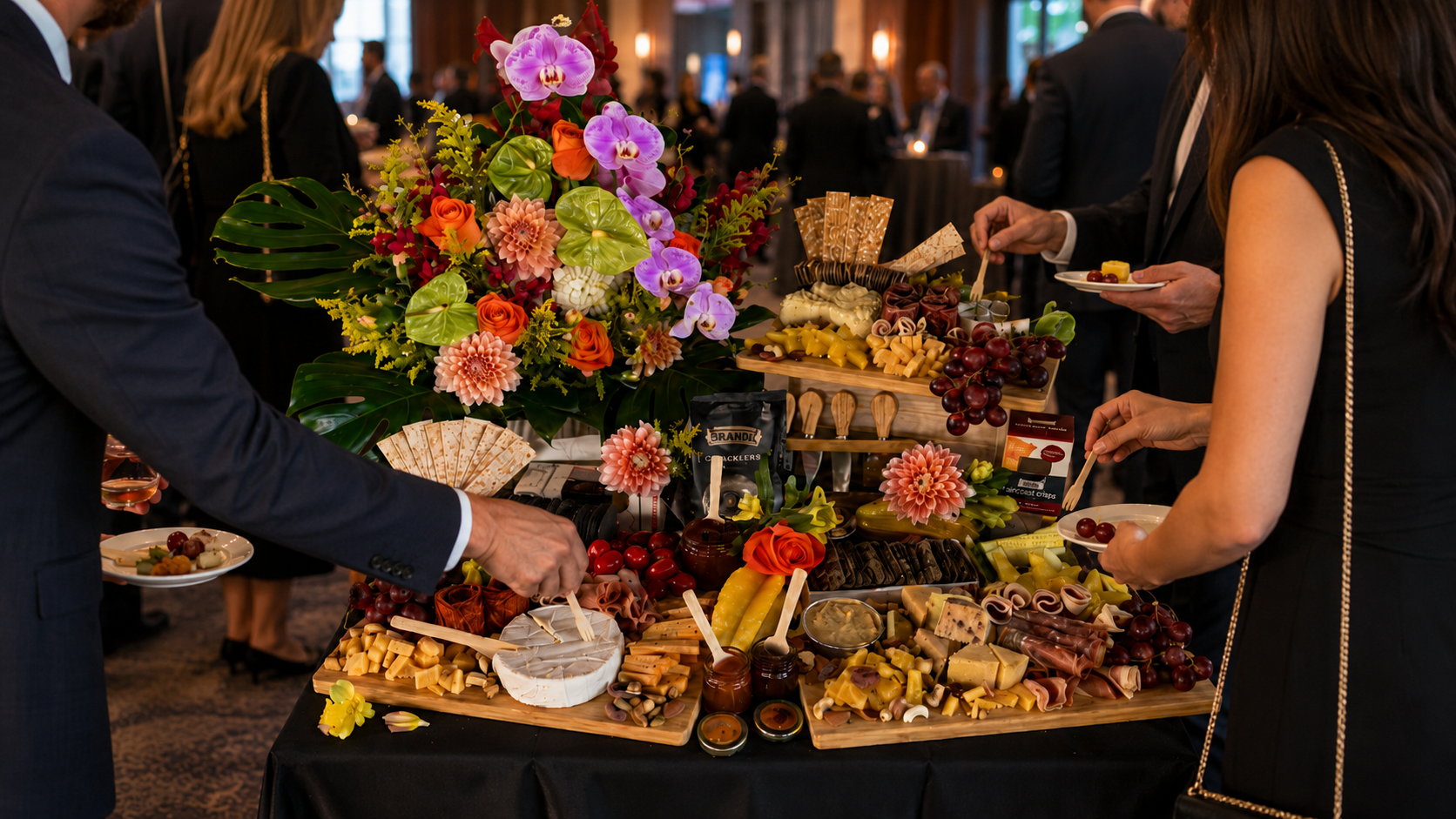 Event team serving grazing platters at a corporate function