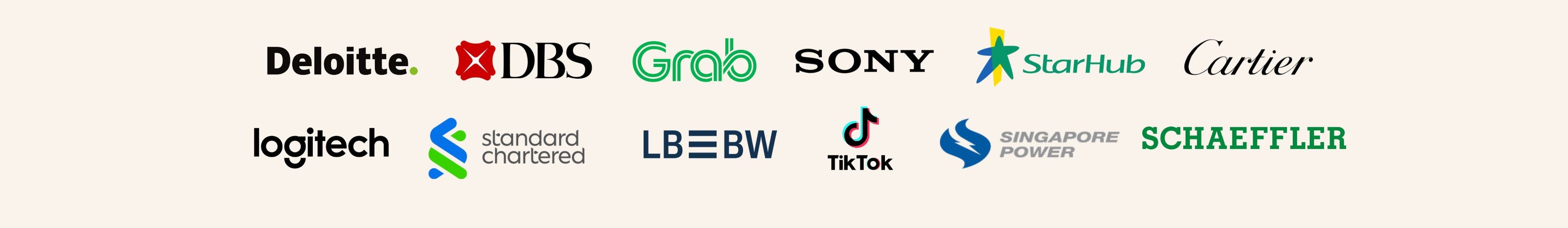 Corporate clients of The Cheese Board including Deloitte, DBS, Grab, Sony, StarHub, Cartier, Logitech, Standard Chartered, LBBW, TikTok, Singapore Power and Schaeffler